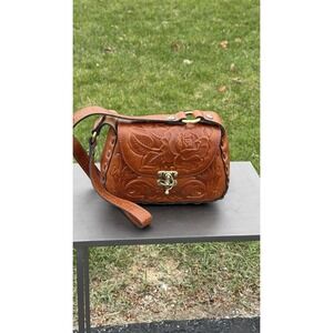 Patricia Nash Tooled Leather Crossbody Bag Tan Floral Small Satchel